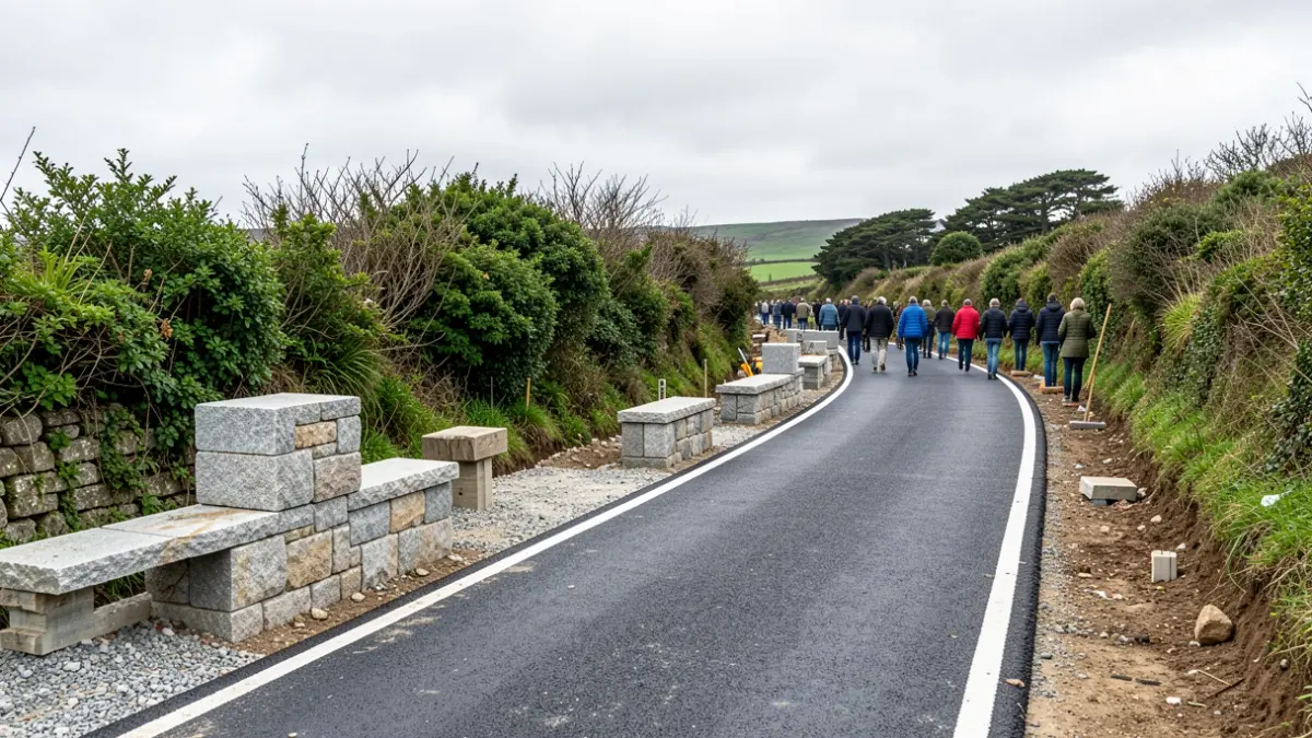 Imaxe xenérica de obras nunha estrada rural galega con vexetación atlántica.