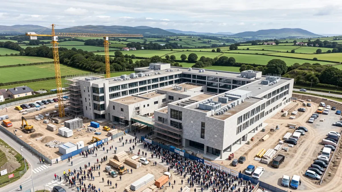 Vista aérea de un gran complejo hospitalario moderno en construcción en Galicia, con grúas y andamios visibles. Arquitectura de granito y paisaje atlántico verde al fondo.