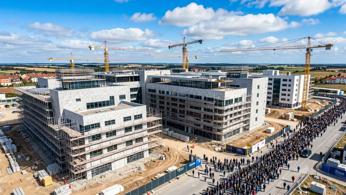 Vista aérea de un gran complejo hospitalario moderno en construcción en Galicia, con elementos arquitectónicos de granito.