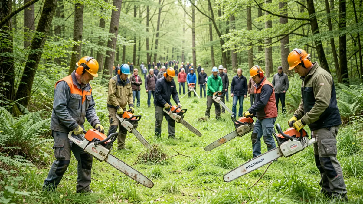 Imagen genérica de trabajadores forestales en formación con motosierras y desbrozadoras en un claro de monte gallego.