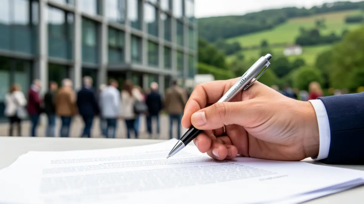 Primer plano de un documento con un bolígrafo y el fondo de un edificio institucional.