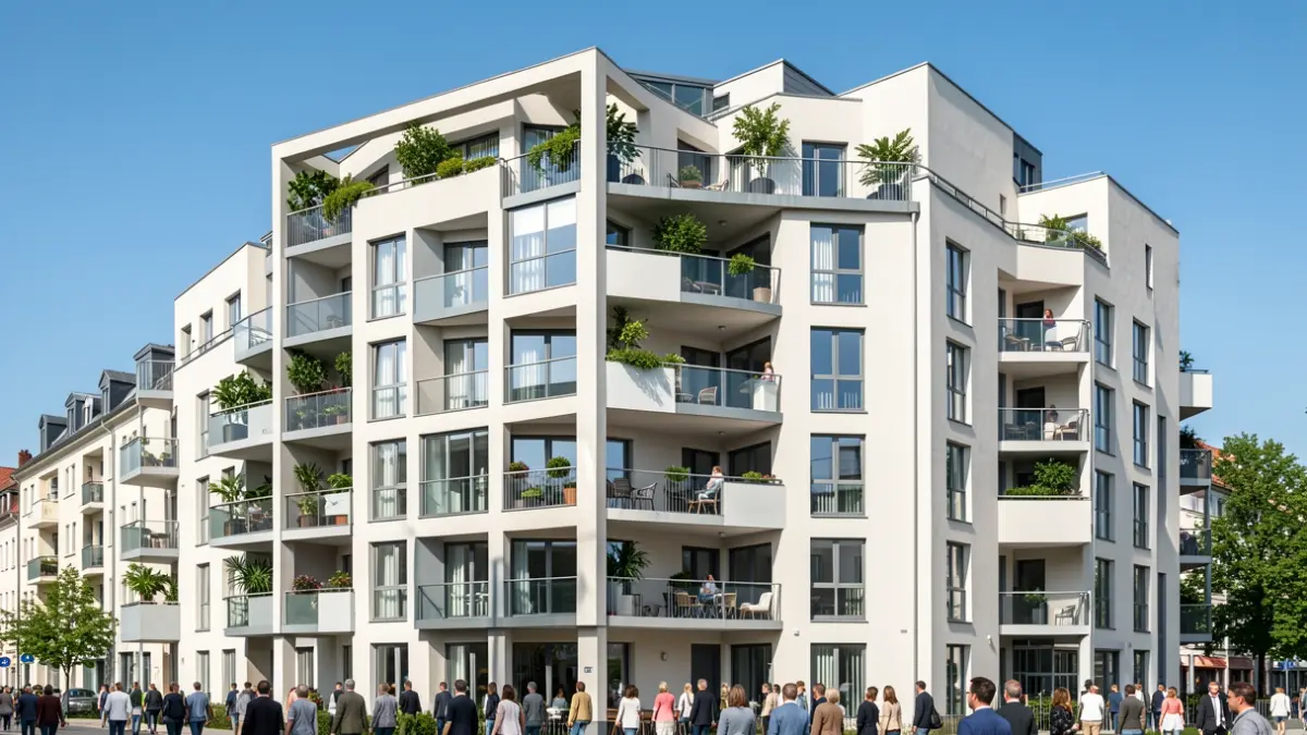 Imaxe xenérica dun edificio de apartamentos moderno con balcóns.
