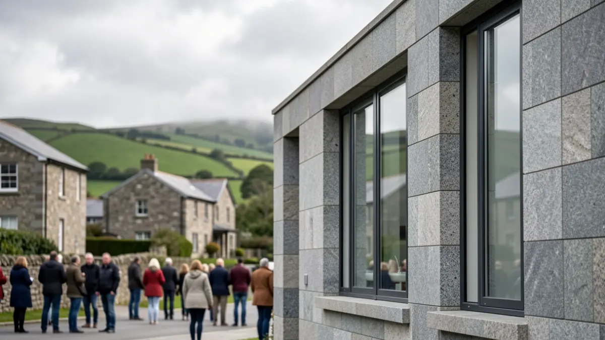 Imaxe xenérica dun edificio moderno de vivendas en Galicia con arquitectura tradicional de fondo.