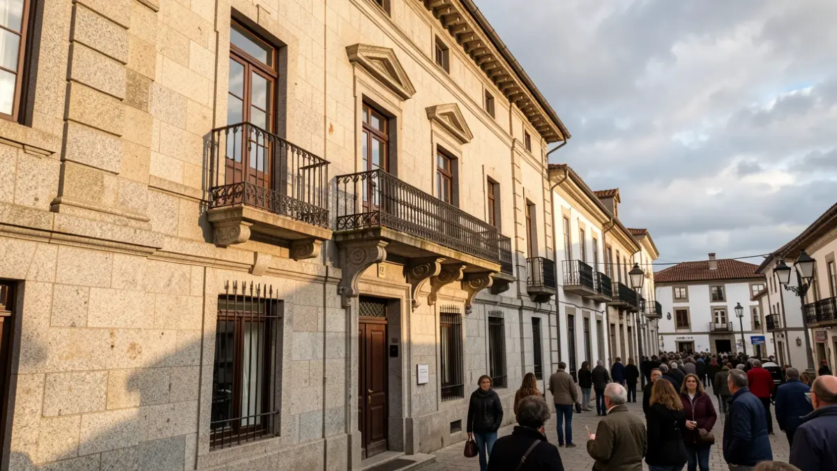 Imaxe xenérica dun concello de Galicia con balcón de ferro e ceo nubrado.