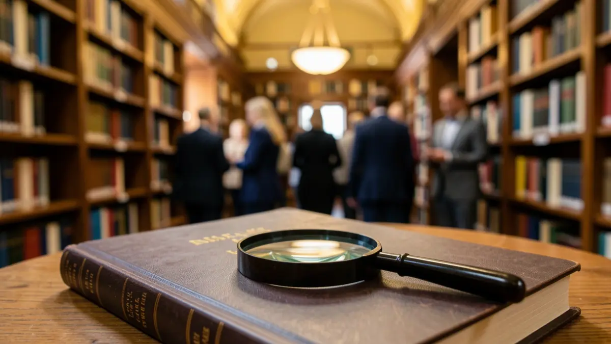 Primer plano de un libro de derecho con una lupa encima, en una biblioteca universitaria.