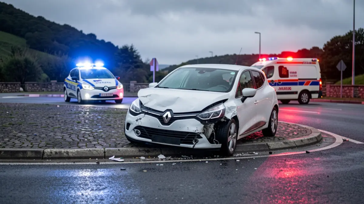 Imaxe dun coche Renault Clio branco estrelado contra unha rotonda en Brión pola noite, con danos na parte frontal e luces de emerxencia ao fondo.