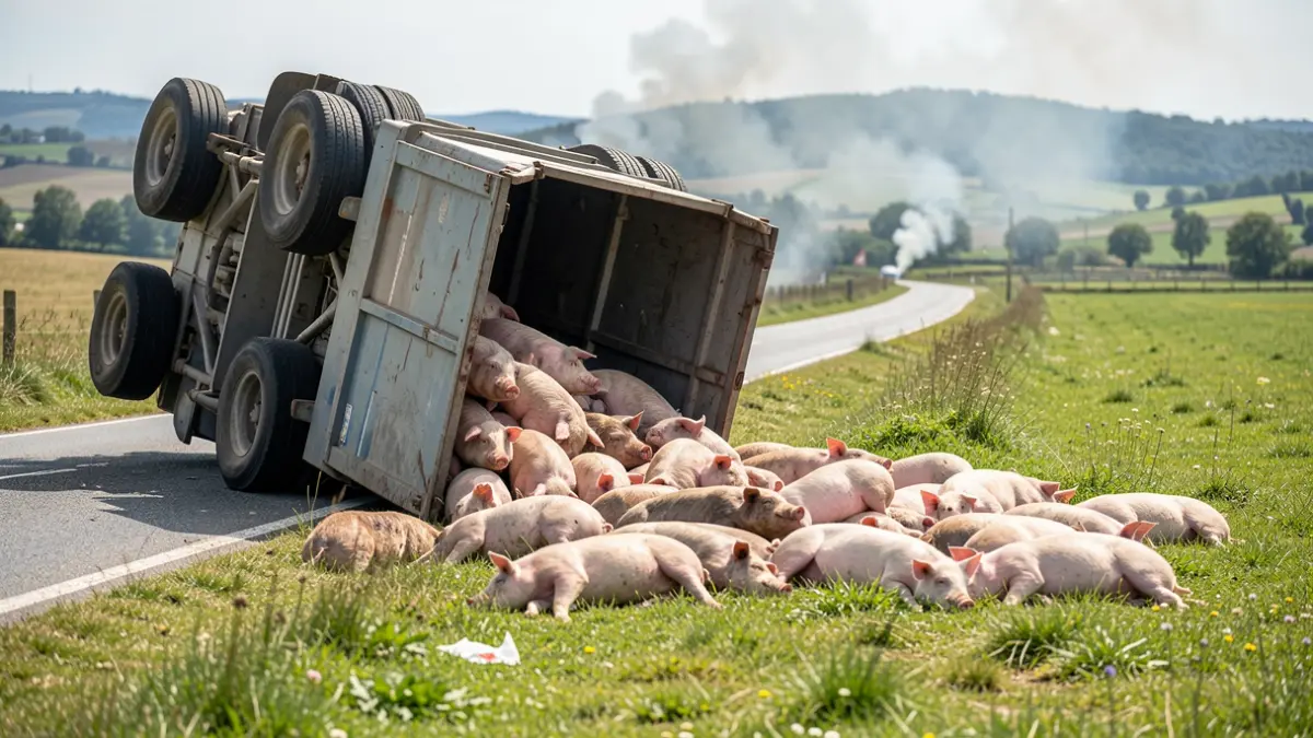 Un camión volcado en la carretera en Tixós, Baltar, con cerdos esparcidos por el campo.