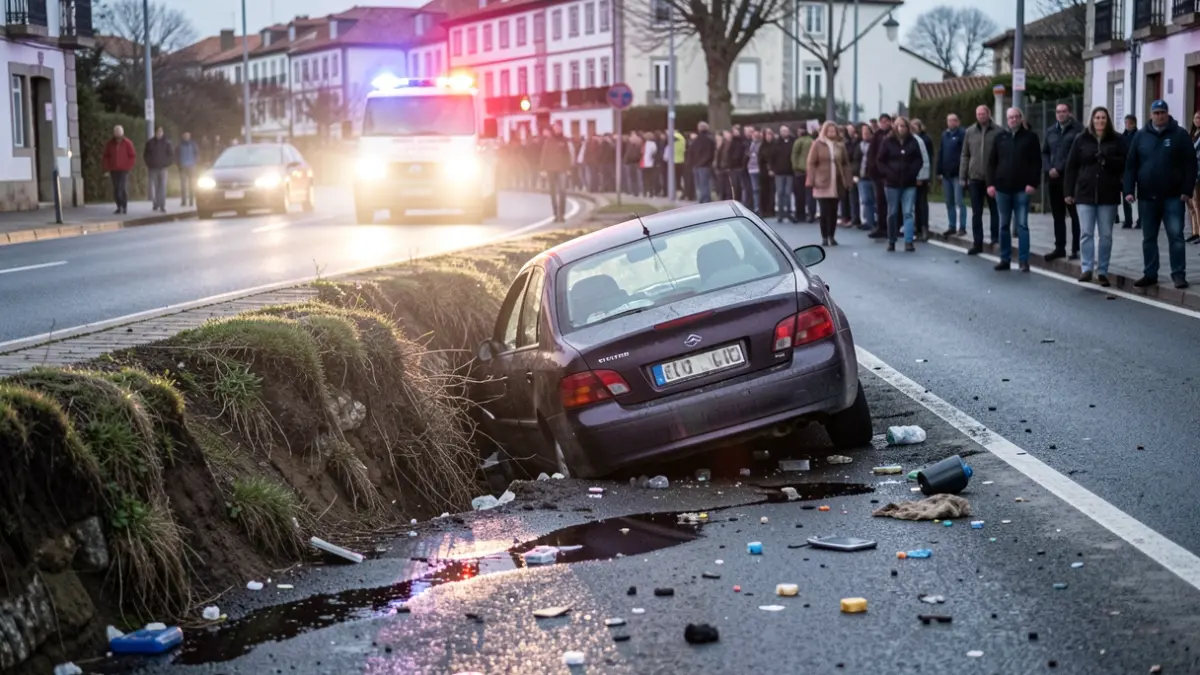 Imagen de un coche accidentado en una cuneta en la avenida de Nueva York, en A Coruña, con restos de aceite y carrocería en la carretera.