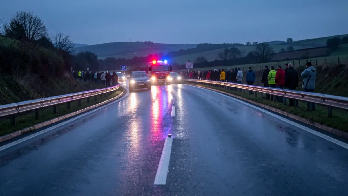 Imagen genérica de tráfico con luces de emergencia reflejadas en una carretera mojada.
