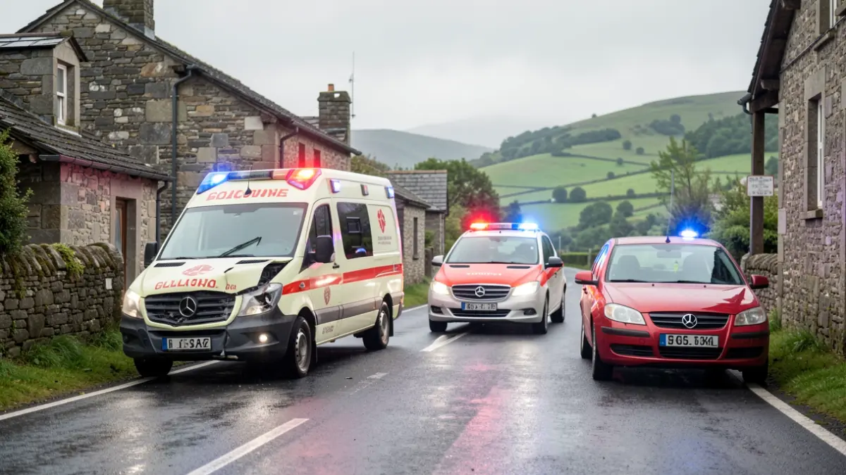 Imagen de una ambulancia y dos coches accidentados en una carretera rural gallega con arquitectura de granito y cielo nublado.