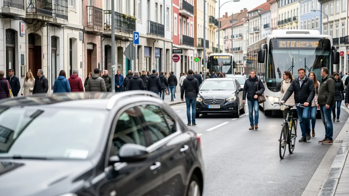 Imaxe xenérica dunha rúa concurrida en A Coruña con coches, bicicletas e autobuses, baixo un ceo nubrado.