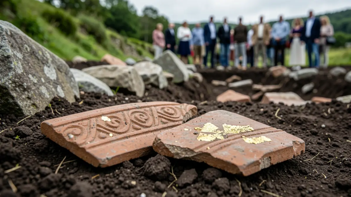 Fragmentos de cerámica antigua con decoración sogueada y restos de oro hallados en un yacimiento arqueológico en Galicia.
