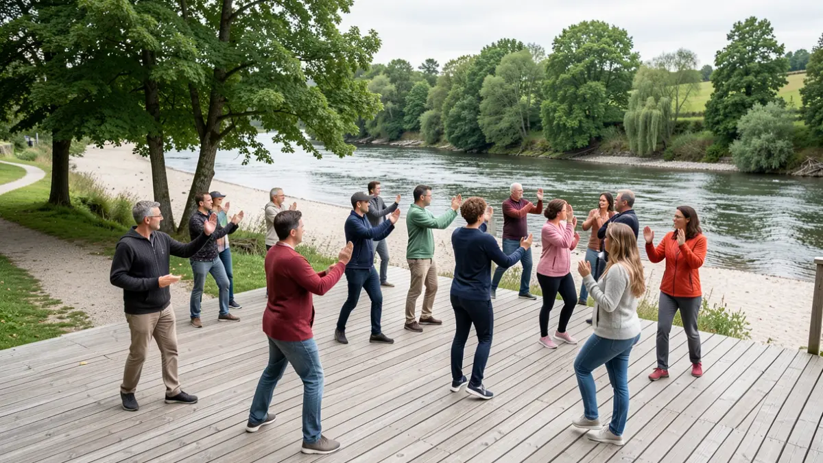 Imagen genérica de personas mayores practicando ejercicio al aire libre cerca de un río.
