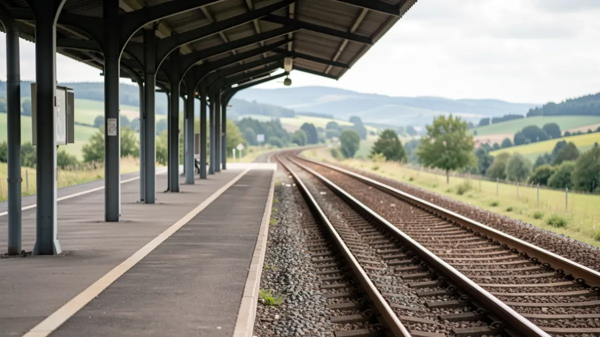 Imaxe xenérica dunha estación de tren baleira con vías que se perden á distancia.