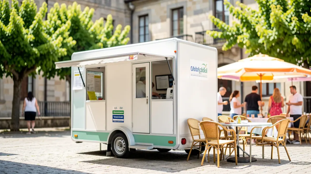 Unidad móvil de donación de sangre instalada en una plaza soleada de Galicia, con una terraza de verano al lado.