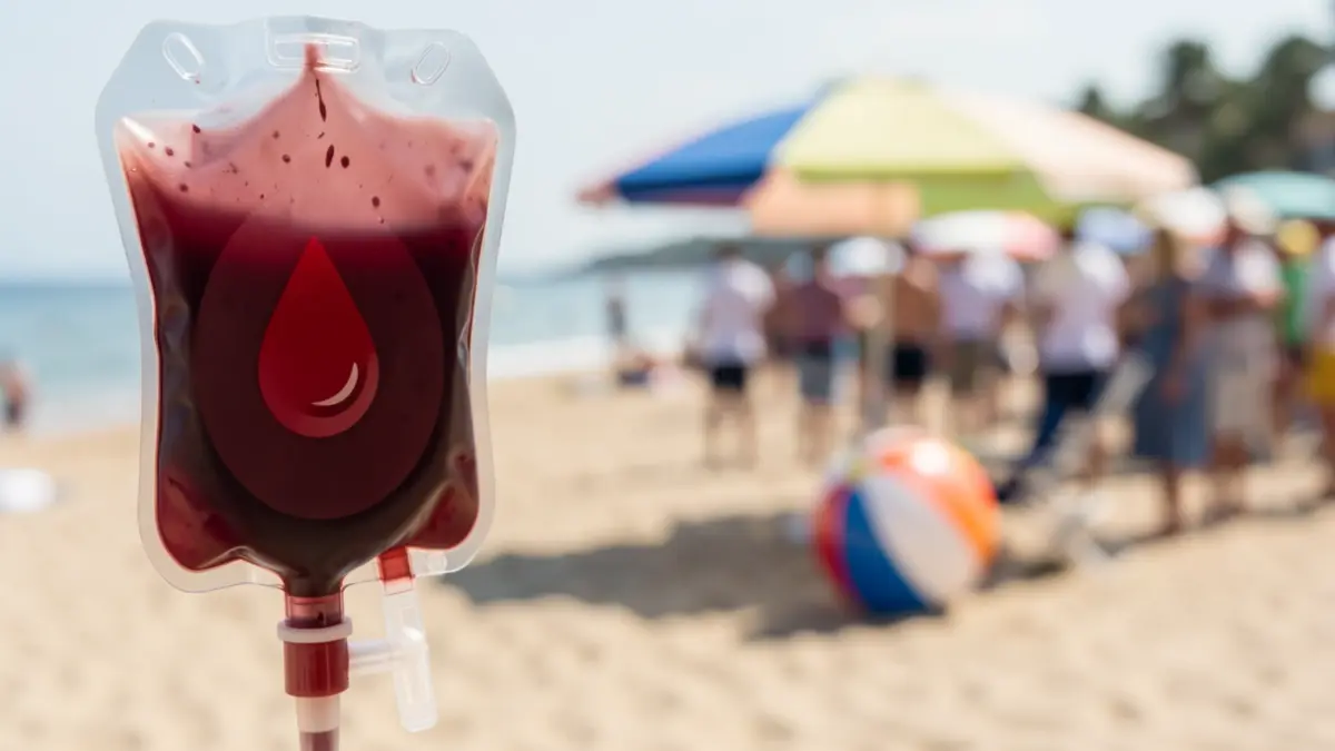 Imagen de una bolsa de sangre con un símbolo de gota roja, con una playa de verano desenfocada de fondo.