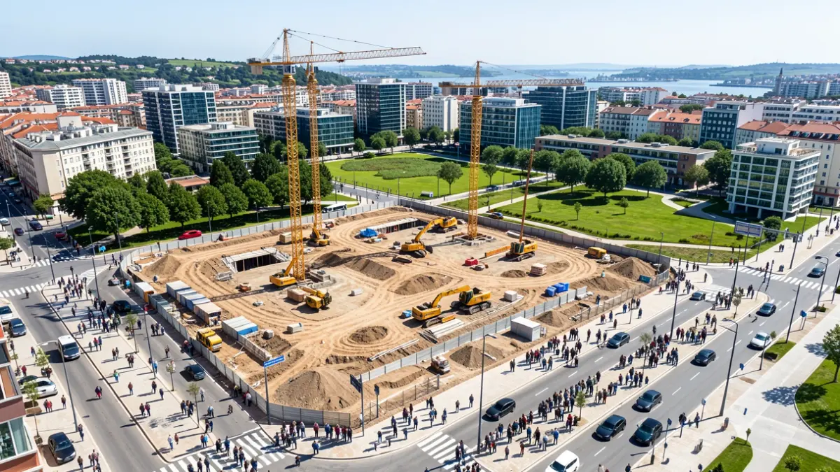 Vista aérea de un proyecto de reurbanización urbana en A Coruña, Galicia. Grúas y maquinaria de construcción visibles en la Avenida do Ferrocarril, con nuevas carreteras y aceras tomando forma. Espacios verdes y edificios modernos al fondo.