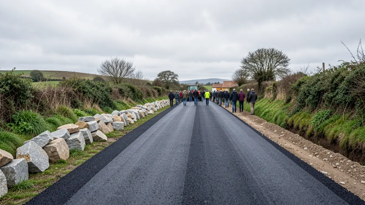Imaxe xenérica de obras nun camiño rural galego con vexetación e ceo nubrado.
