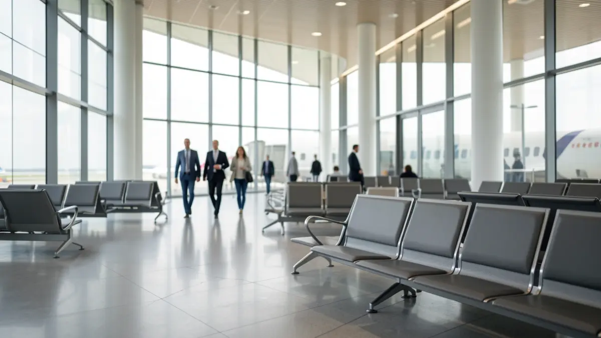 Imagen genérica de una terminal de aeropuerto con pasajeros borrosos y luz natural.