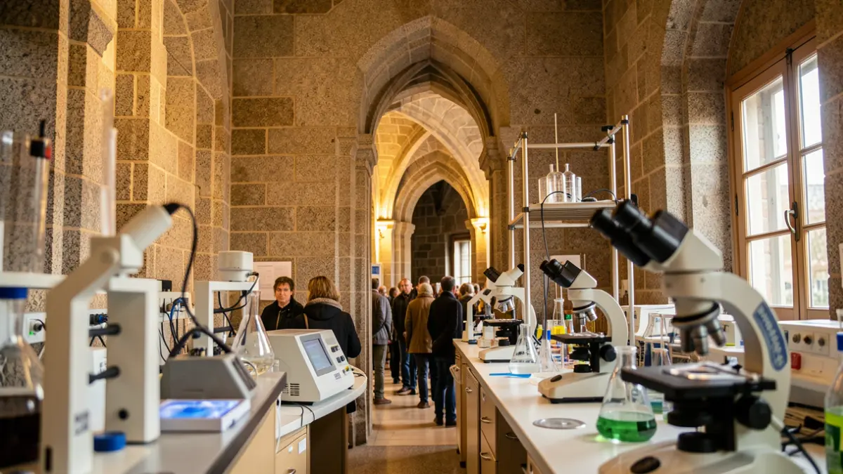 Imaxe xenérica dun laboratorio científico con equipamento desfocado e luz ambiente cálida.