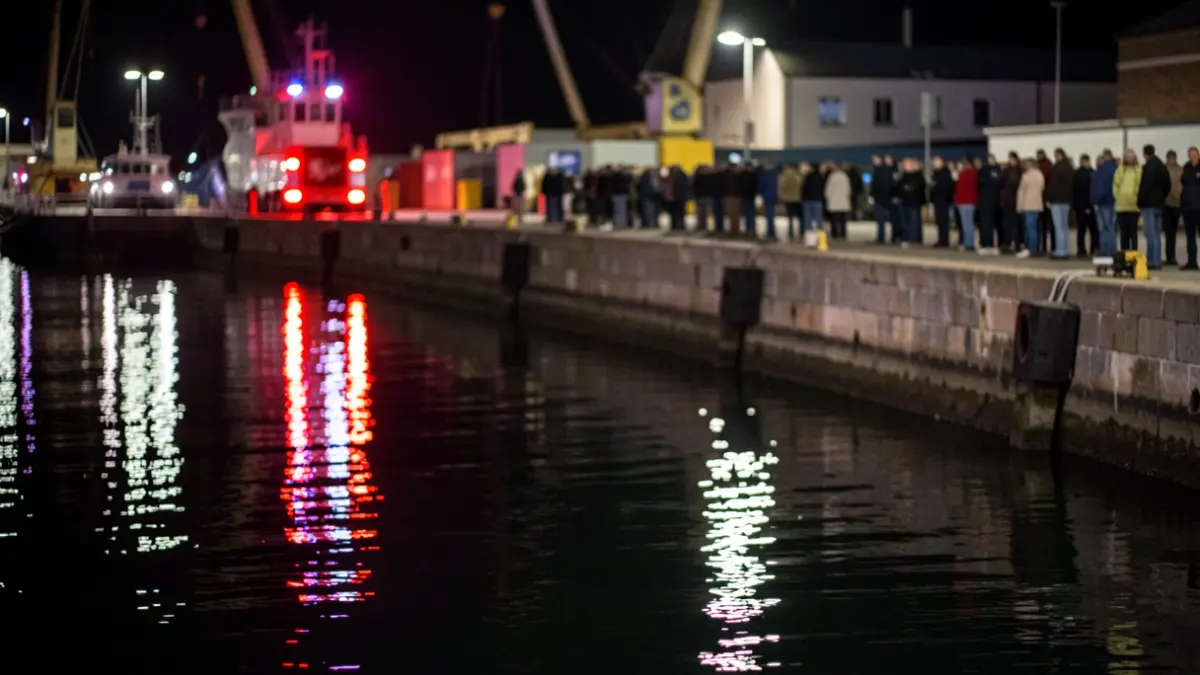 Imagen de luces de emergencia reflejadas en el agua de un puerto industrial.