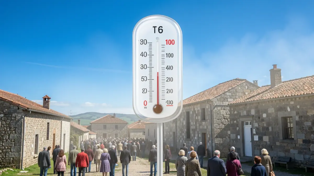 Imaxe xenérica dun termómetro cunha alta temperatura nun ceo azul brillante sobre unha paisaxe galega con arquitectura de granito.
