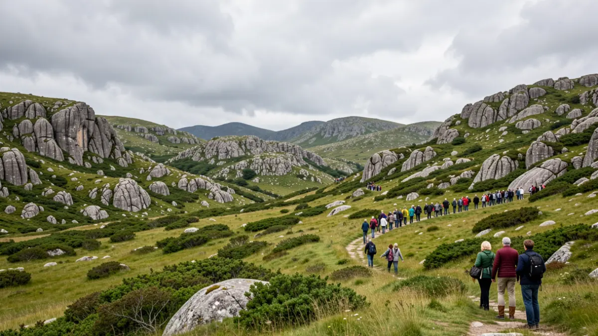 Imaxe xenérica de paisaxe galega con outeiros de granito e vexetación verde baixo un ceo nubrado.