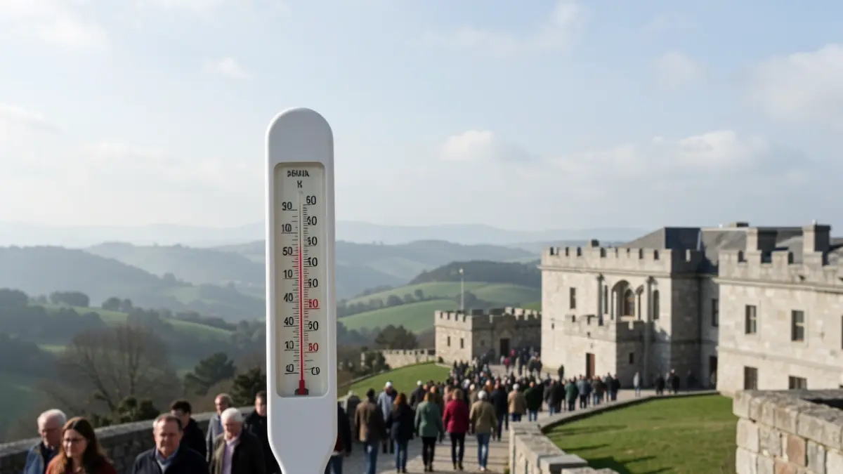 Imagen genérica de un termómetro con un paisaje gallego de fondo.