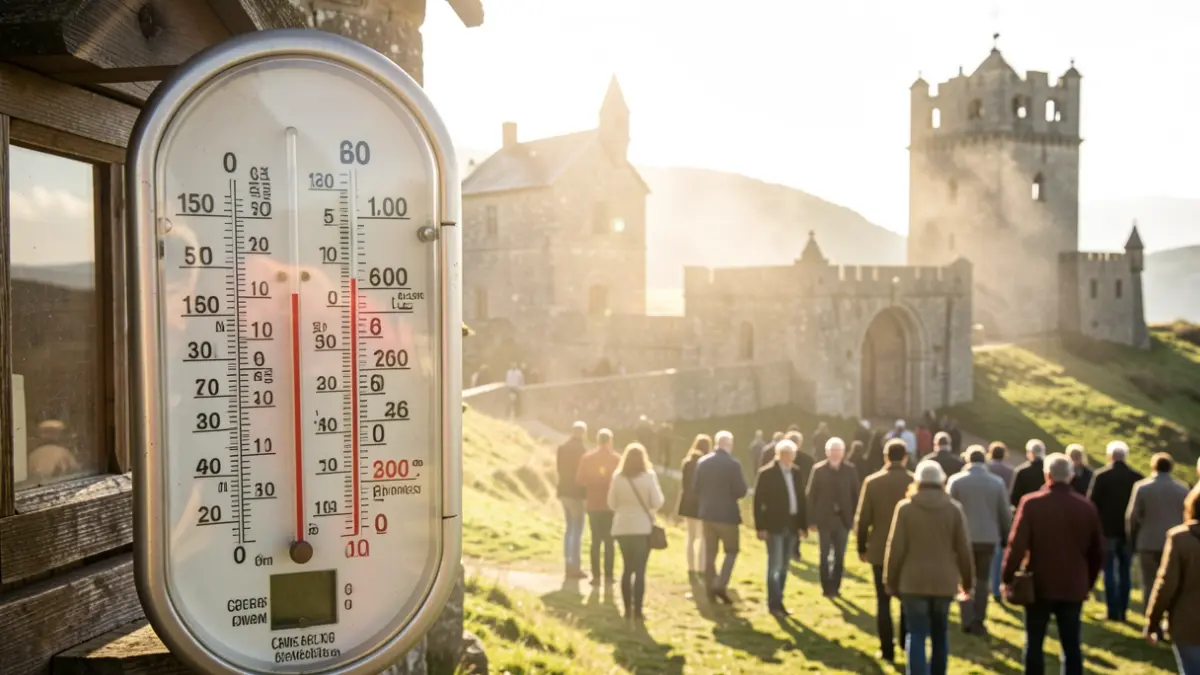 Imaxe xenérica dun termómetro marcando alta temperatura nunha paisaxe galega soleada.