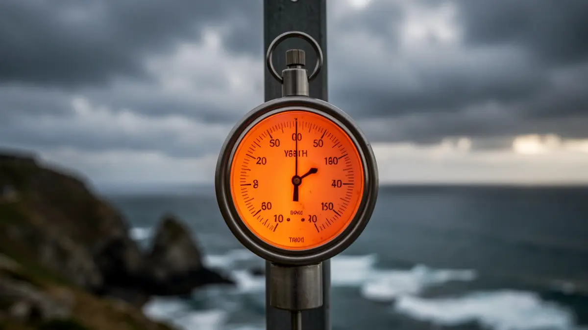 Imagen genérica de un termómetro marcando temperaturas extremas con una costa gallega nublada de fondo.