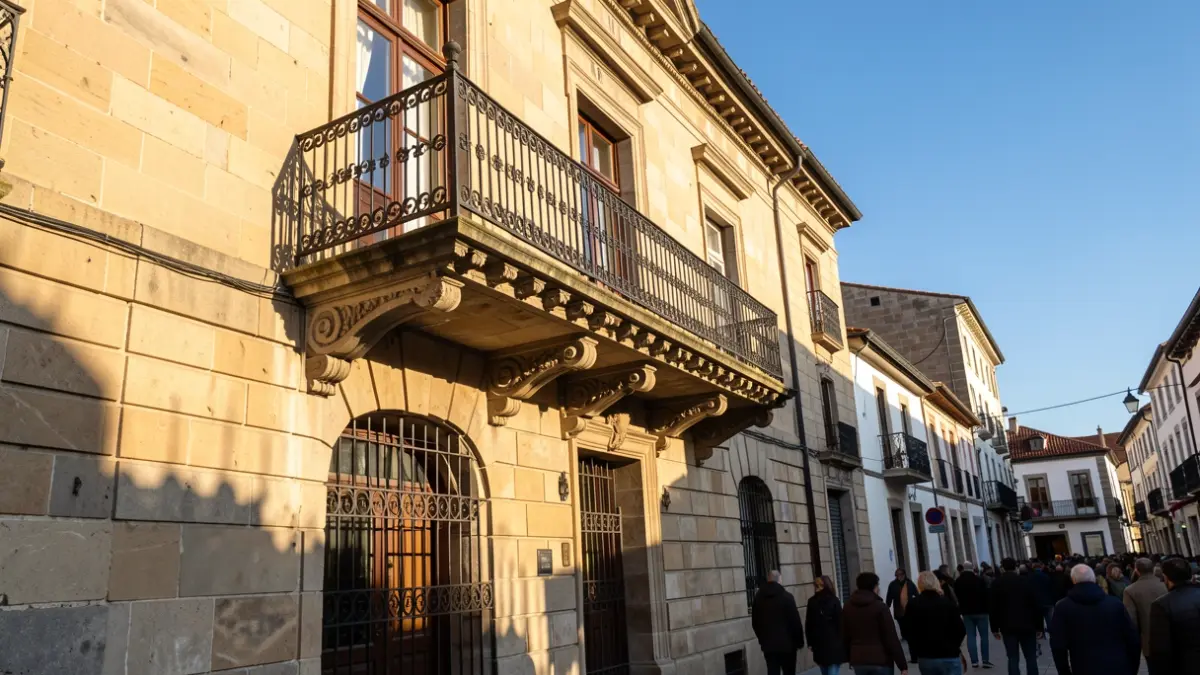 Imaxe xenérica dun concello de pedra galego con balcón ornamentado e raís de ferro, luz solar cálida da tarde.