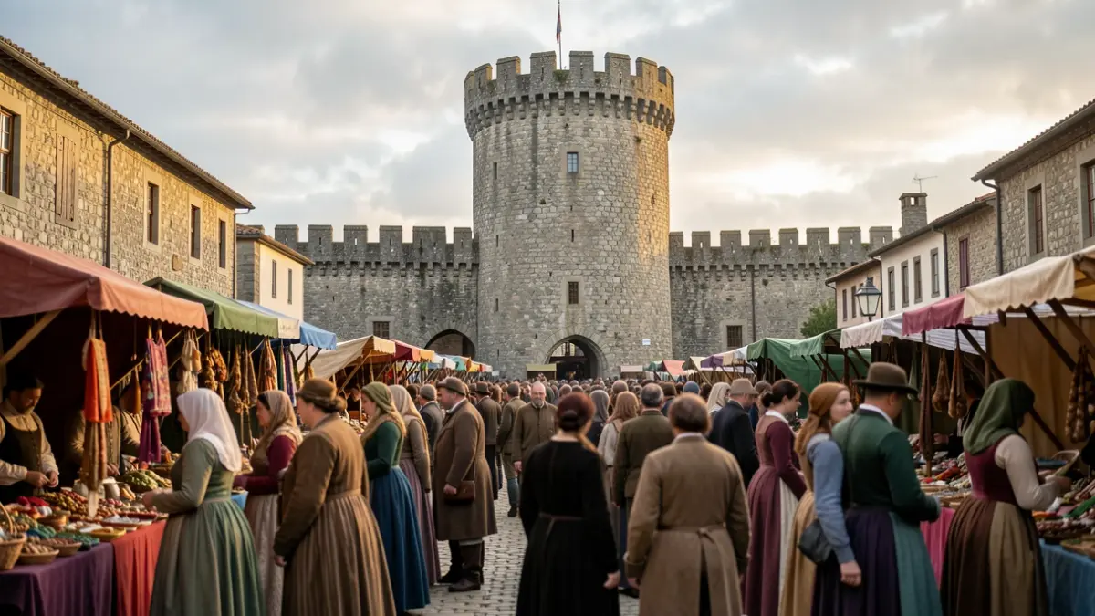 Imagen de un mercado medieval en la Torre de Pardo de Cela en Alfoz, con gente disfrazada y puestos de artesanía.