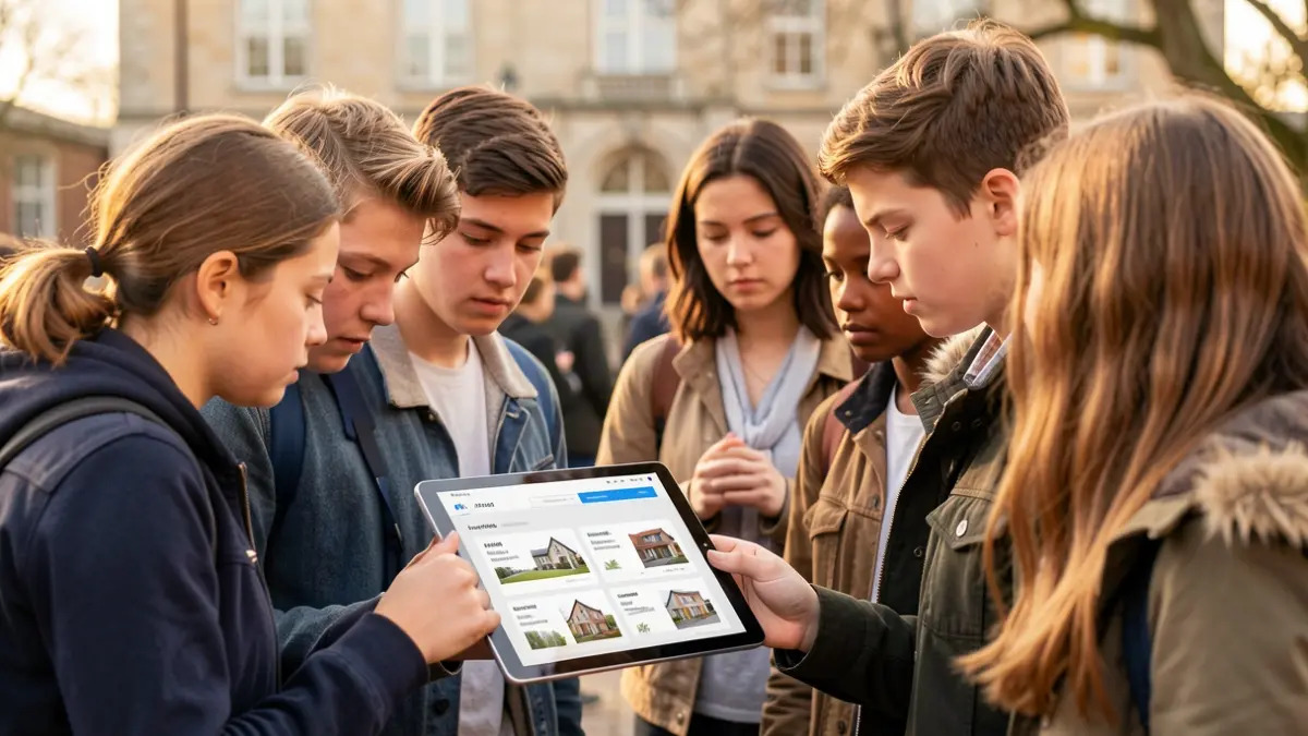 Imagen genérica de estudiantes universitarios consultando información sobre alojamiento.
