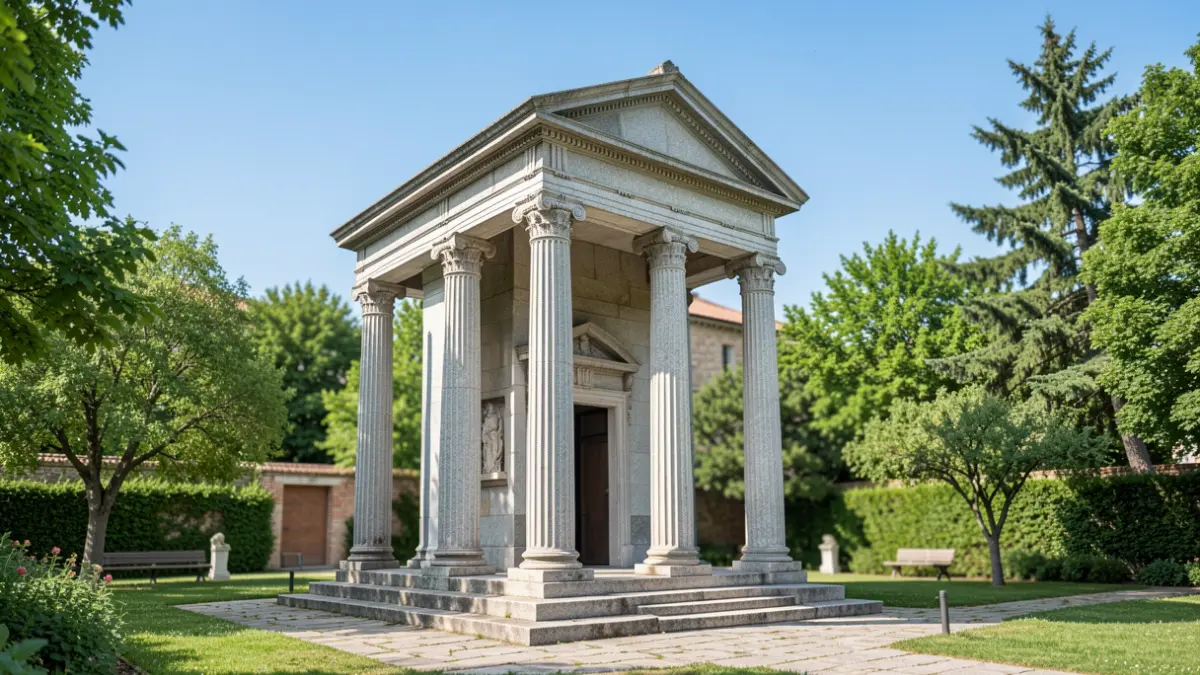 Imagen de una templeta de granito de casi tres metros de altura y más de 5.000 kilos, situada en un espacio cultural al aire libre.