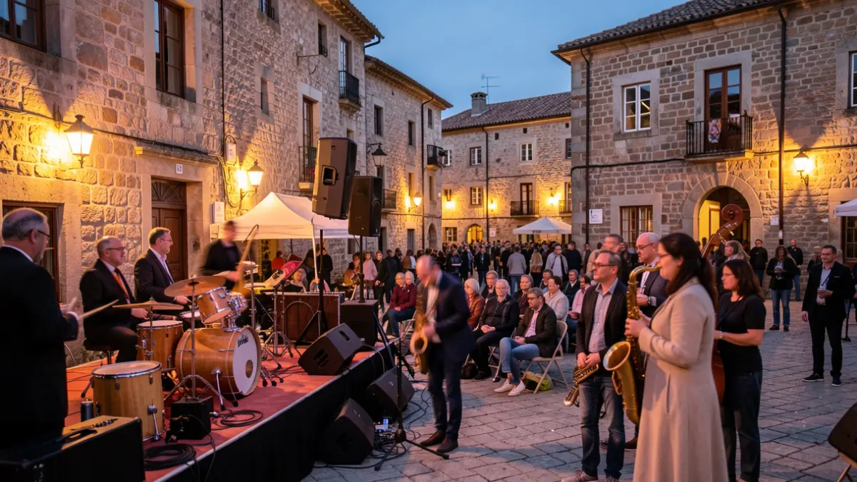 Imagen de un festival de jazz en Bertamiráns con músicos tocando y público.