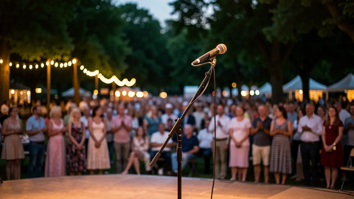 Escenario en un parque durante un festival de música al aire libre.