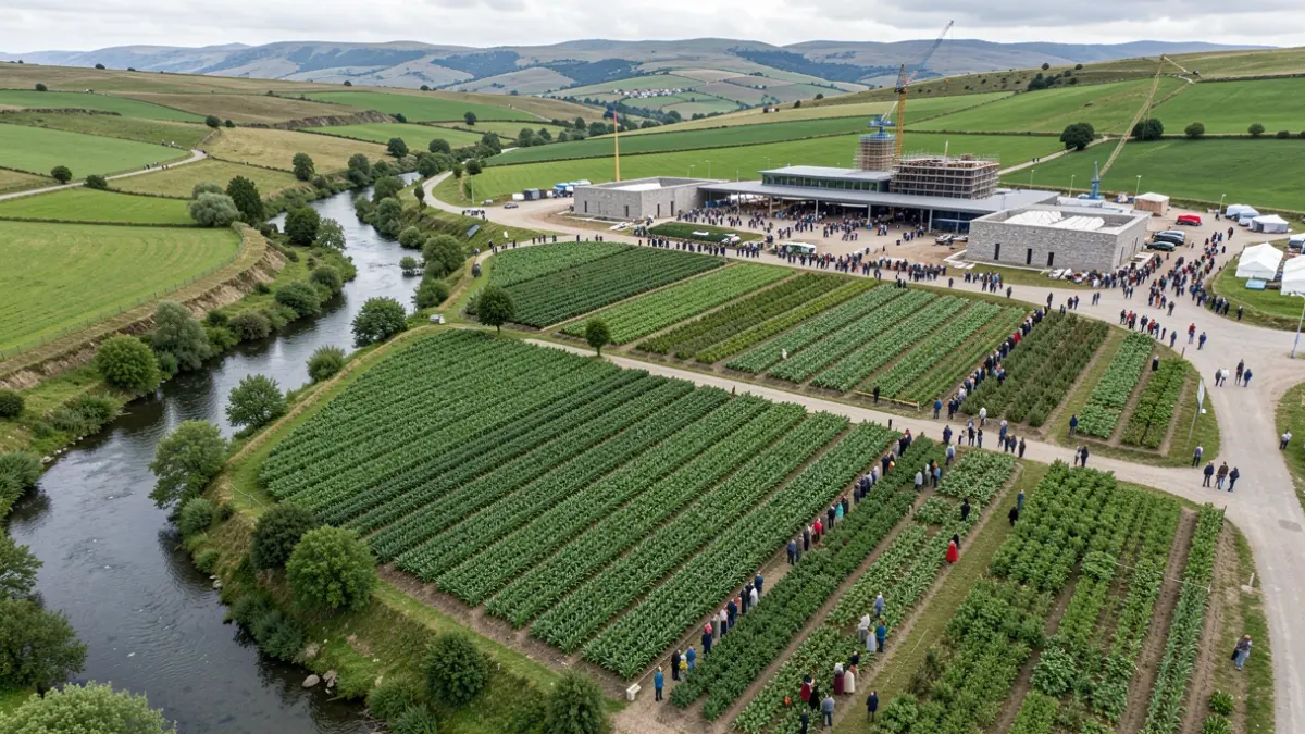 Vista aérea de un fértil banco de tierras con hileras de cultivos, cerca de un río sinuoso, con un moderno edificio de mercado en construcción al fondo. Paisaje gallego con elementos de arquitectura de granito.