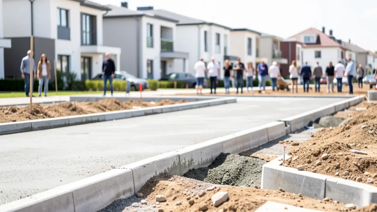 Imaxe xenérica de obras de pavimentación nunha zona residencial.