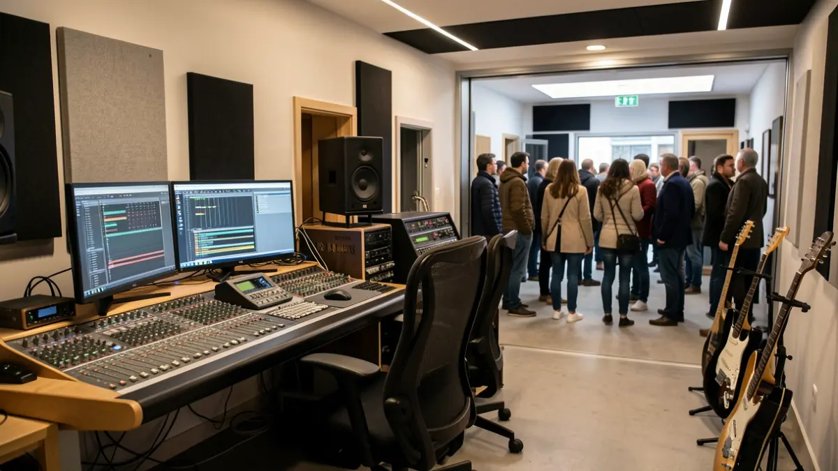 Interior dun obradoiro de produción musical moderno en Galicia con ordenadores e equipos de son.