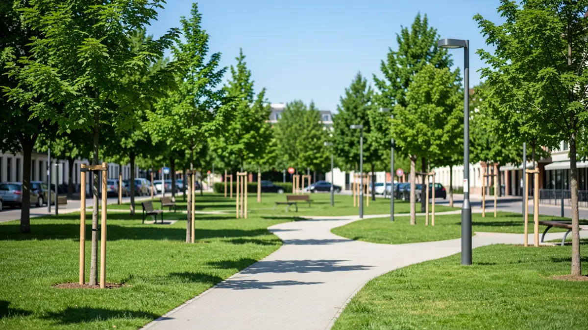 Imaxe xenérica dunha nova área verde urbana con árbores e mobiliario.