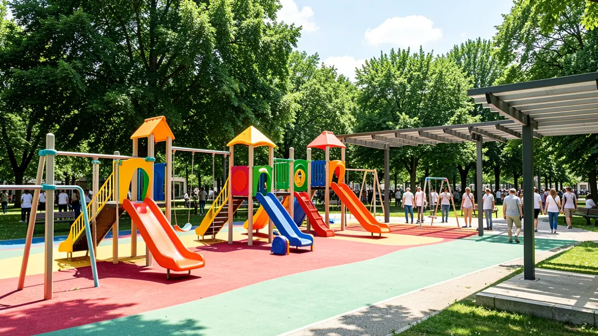 Imaxe dun parque infantil moderno e colorido con novas estruturas de xogo e superficies vibrantes, rodeado de árbores verdes e ceo soleado.