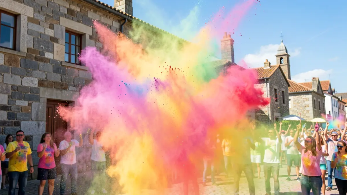Explosión de po de cores da Festa Holi en Andeiro, Cambre, con arquitectura tradicional de granito de fondo.