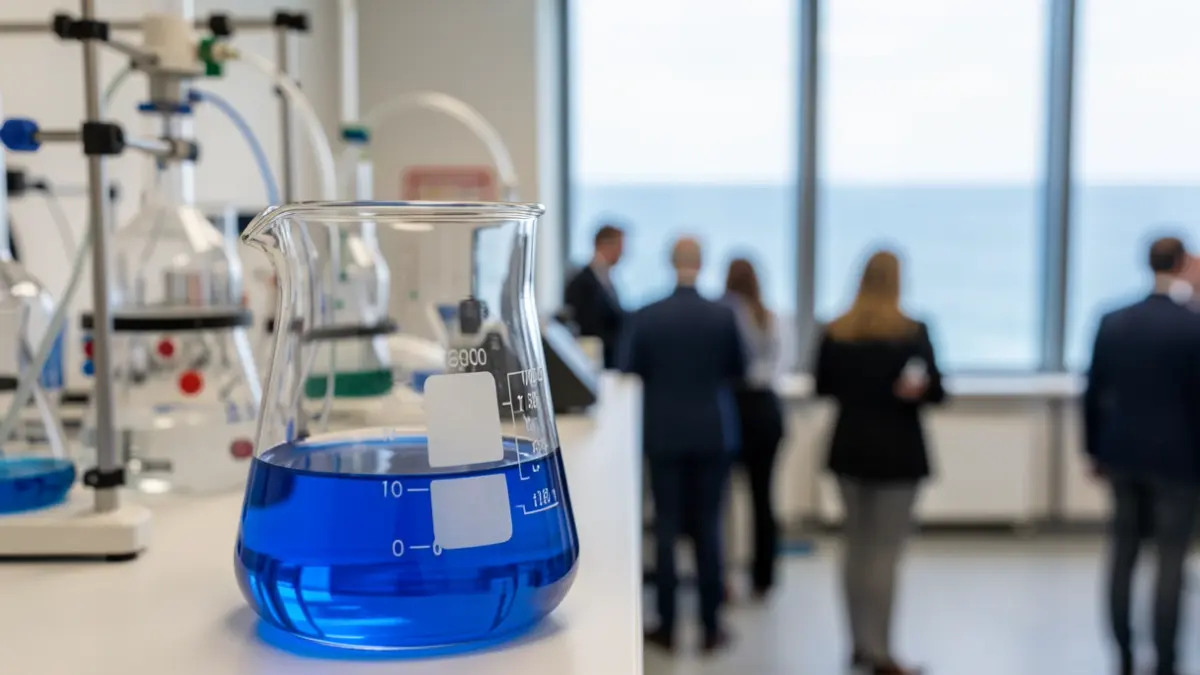 Primer plano de un vaso de laboratorio con líquido azul, con equipamiento científico y el océano Atlántico al fondo.