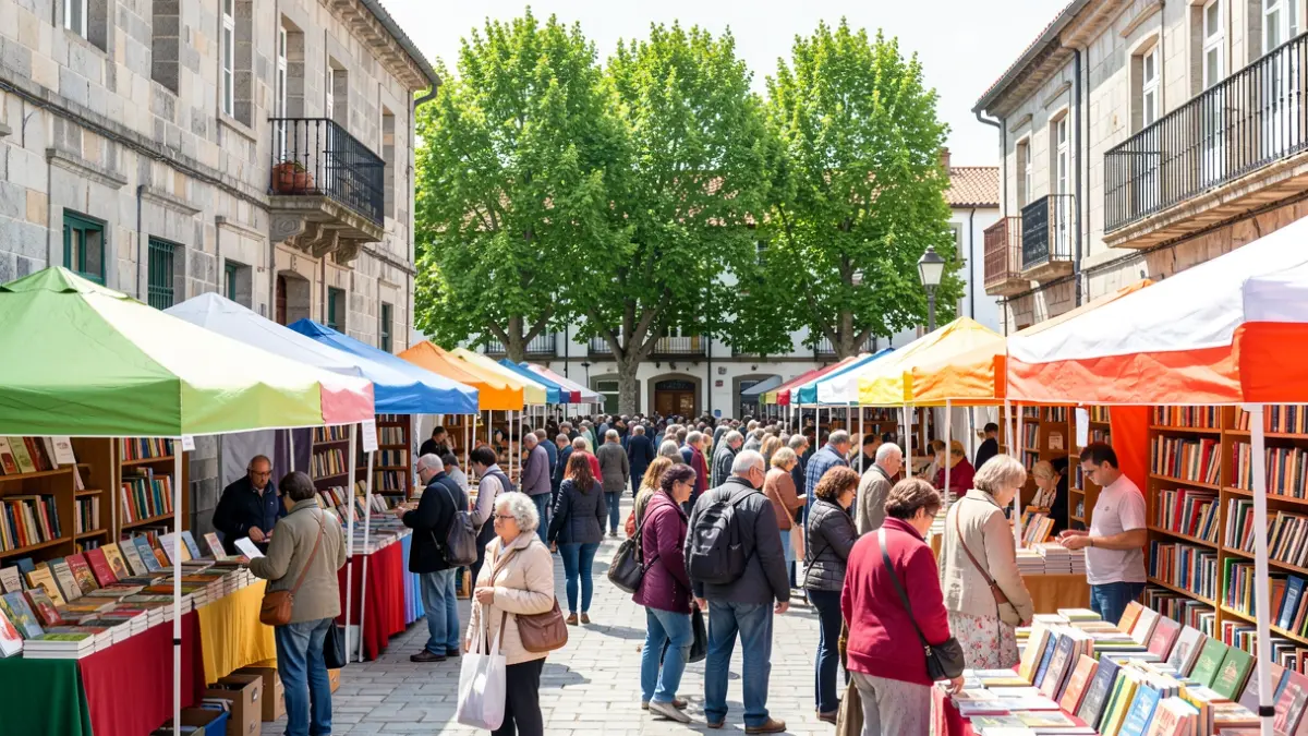 Imaxe dunha feira do libro ao aire libre nunha praza galega con xente e postos de libros.