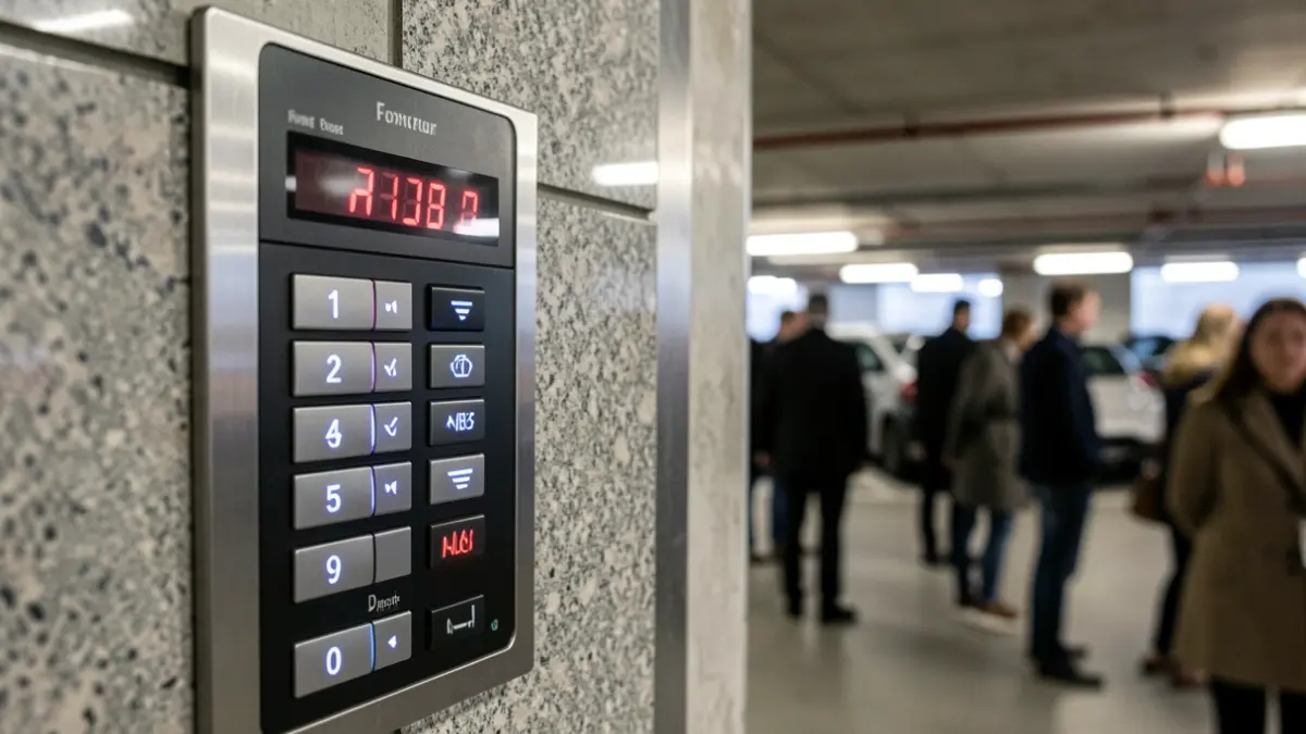 Primer plano de un panel de control de ascensor moderno en un garaje, con botones iluminados e indicador de planta digital.