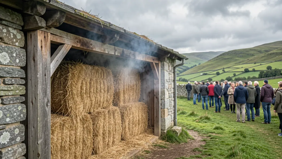 Imaxe xenérica dun galpón con pacas de palla e fume, nunha contorna rural galega.