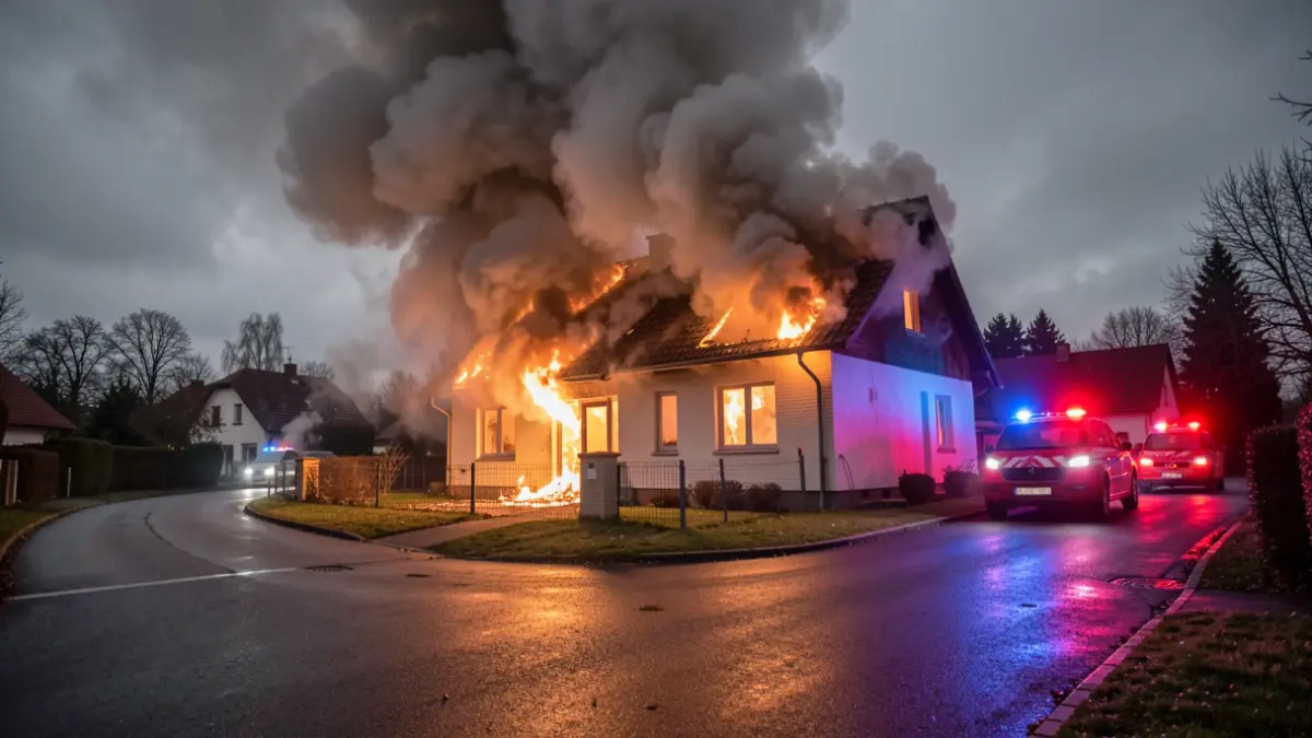 Imaxe xenérica dunha casa unifamiliar en chamas pola noite, con fume denso e luces de emerxencia.