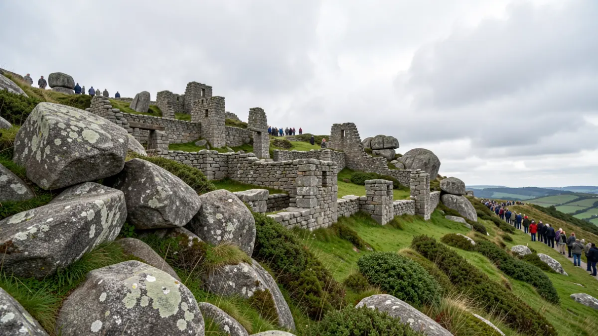 Imaxe xenérica de ruínas antigas de pedra nunha ladeira galega.