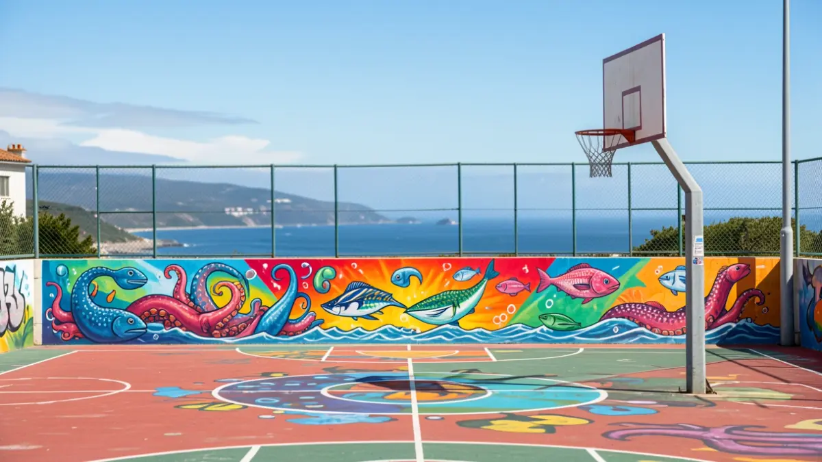 Imagen genérica de arte urbano en una cancha de baloncesto en Cangas.