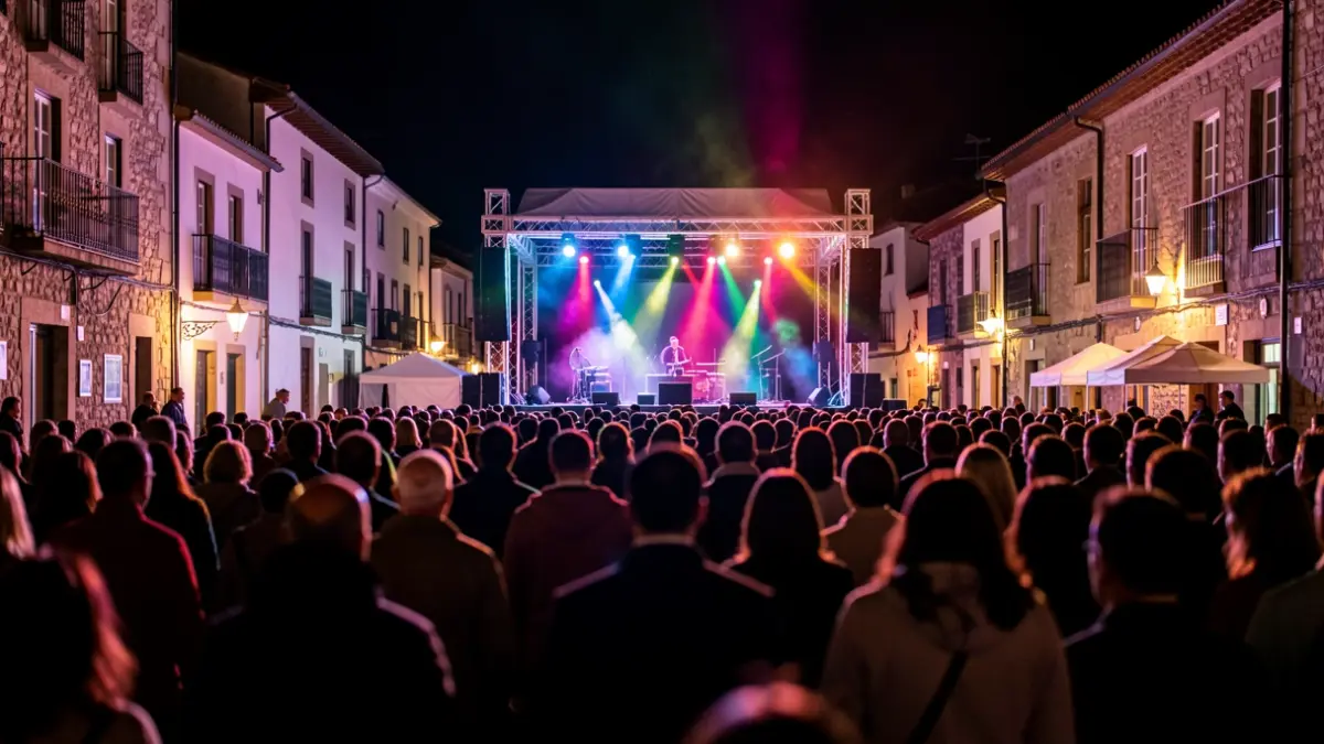 Imagen genérica de un escenario exterior por la noche en una plaza gallega con gente.